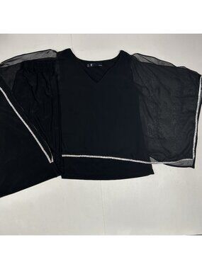LESLIE FAY EVENINGS 2PC SET BLACK BLOUSE & PANTS Embellished Rhinestones Slits L